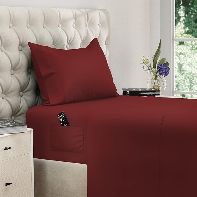 DREAMCARE Twin XL Sheet Sets - 3 pcs Breathable Cooling Bed Sheets - up to 21" Extra Deep Pocket Twin XL Sheets Set with Side Pockets - Extra Soft 100% Brushed Hypoallergenic Hotel Luxury - Burgundy