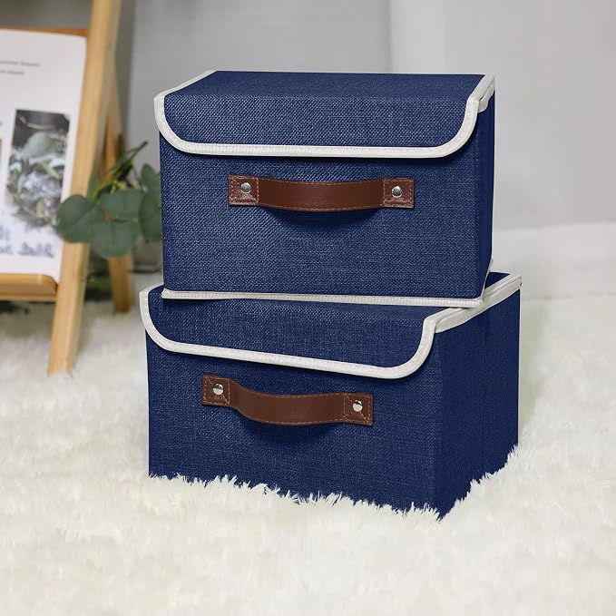 ANMINY 4PCS Storage Bins with Lid PU Leather Handles Storage Boxes PP Plastic Board Decorative Foldable Lidded Cotton Linen Fabric Home Cubes Baskets Closet Organizer Containers - Blue, Small Size - Image 2