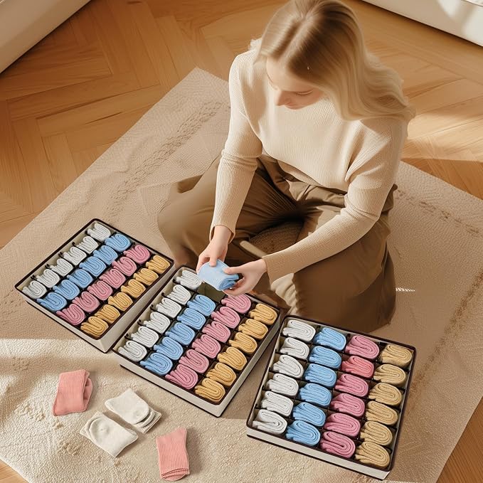 Sock Organizer 4 Pack, Large Sock Drawer Divider, Underwear Storage 24 Cell Closet Organizers and Storage for Wardrobes, Drawers. (Beige) - Image 3