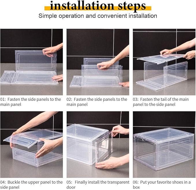 Attelite Shoe Box Organizer,Set of 6,Stackable Plastic Shoe Box with Clear Door, Shoe Storage Box Containers,For Display Sneakers,Easy Assembly,Fit up to US Size 12(13.4”x 10.6”x 7.4”) - Image 5