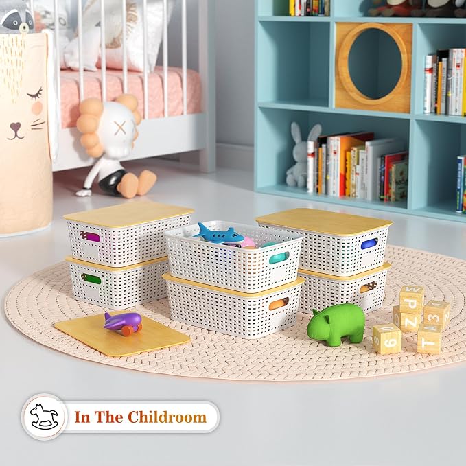 Ohmlove Plastic Storage Baskets With Bamboo Lid - Plastic Storage Containers Stackable Storage bins: Storage Baskets for Organizing Shelves Drawers Desktop Closet Playroom Classroom Office, 6 Pack - Image 5