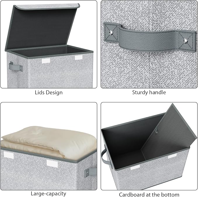 Univivi Storage Bins with Lids [4-Pack] Large Collapsible Stackable Fabric Storage Boxes with Lids, Decorative Closet Organizers and Storage for Clothes, Office, Bedroom (Gray, 17“ x 12” x 12") - Image 4