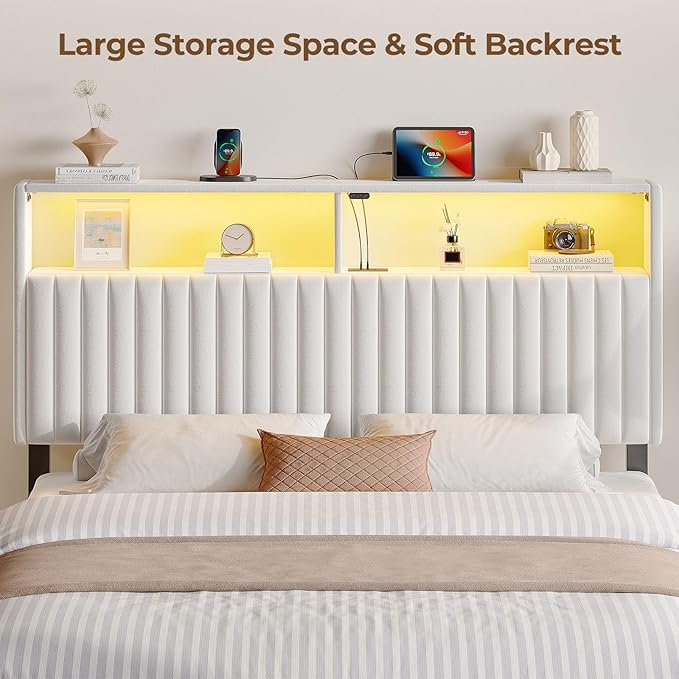 Rolanstar Headboard for Full Size Bed with Storage, 60,000 DIY Color of LED Light, Head Board with USB & Type C Port, Height Adjustable, Velvet Upholstered, Comfortable Modern, Light White