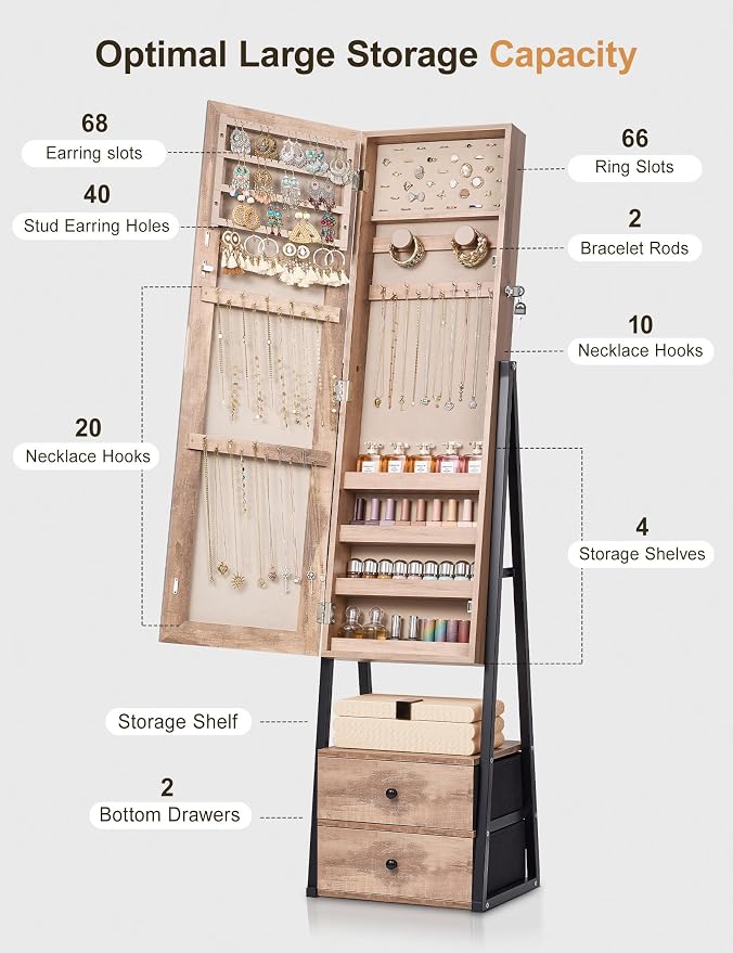 Nicetree Jewelry Cabinet Armoire with 2 Drawers,Standing Jewelry Mirror Cabinet, Full Length Mirror with Jewelry Storage, Lockable Jewelry Organizer with Mirror, Oak - Image 3