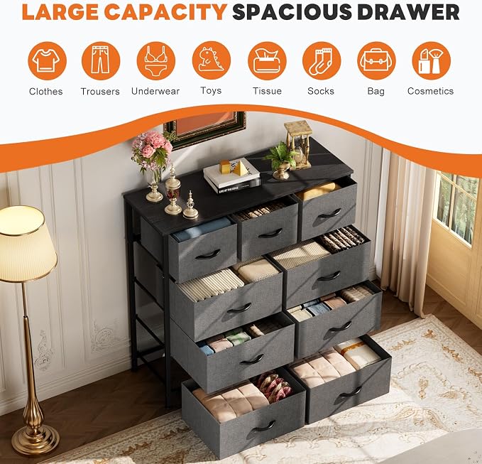 Sweetcrispy 9-Drawer Fabric Dresser Storage Tower with Wood Top and Steel Frame, Organizer Chest with Easy Pull Handles for Bedroom, Closet, Hallway,Modern Gray - Image 4