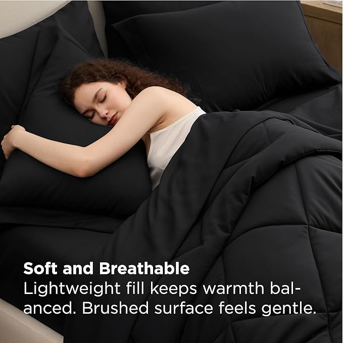 Bedsure Premium Series 5 Piece Black Twin Comforter Set, Goose Down Alternative, All Season Medium Warmth, Soft Hotel Luxury Bed in a Bag, Safe for Sensitive Skin, Includes Sheets Pillowcase & Sham