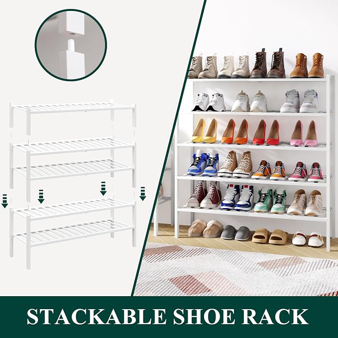 Smiry Shoe Rack, 2 Tier Long Bamboo Shoe Organizer, Stackable Free Standing Wooden Shoe Storage Shelf for Closet, Entryway, Front Door Entrance, White - Image 4