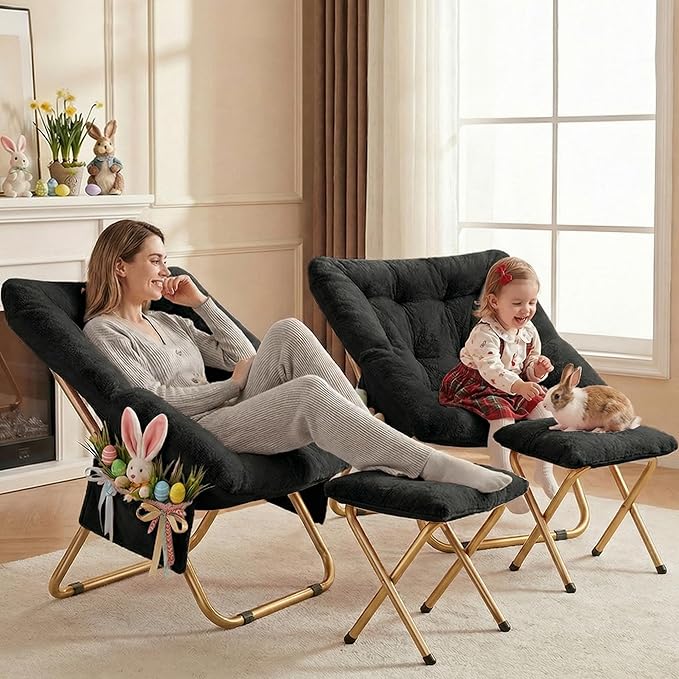 Kasunpul Comfy Saucer Chair, Foldable Living Room Chairs, Soft Faux Fur Lounge Chair for Bedroom, Reading Chairs for Adults,Teens, X-Large (Black)