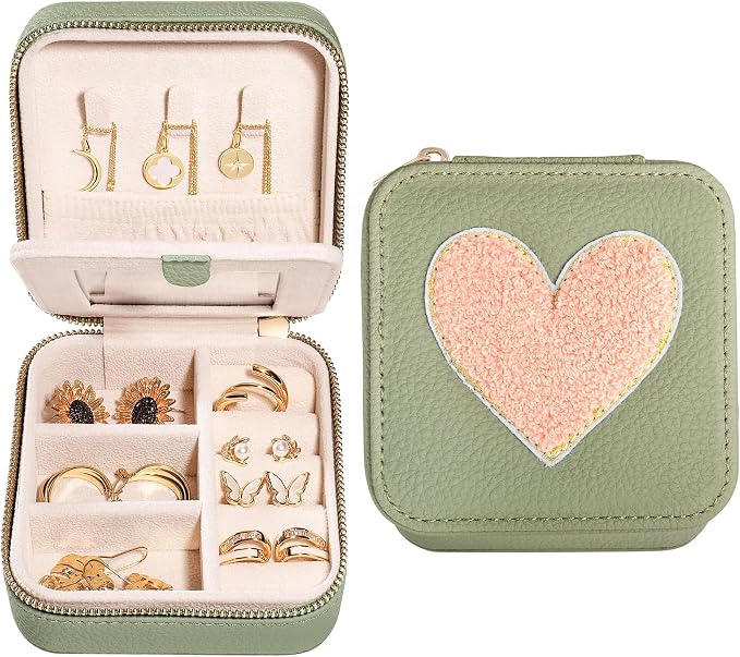 S.Leaf Travel Jewelry Organizer Boxes for Women Small Portable Necklace Earrings Bracelet Rings Travel Case Best Friend Birthday Gifts for Women Trendy (03_Lychee_Heart) by SLeaf