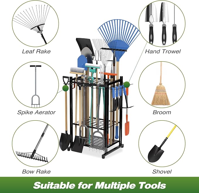 Sttoraboks Garden Tool Organizer Rack Up to 50 Tools, Heavy-Duty Steel Yard Tool Organizer for Garage Storage with 11 Hooks, Broom Holder & Garden Tool Rack for Shed, Patio, Outdoor Use, Black - Image 7