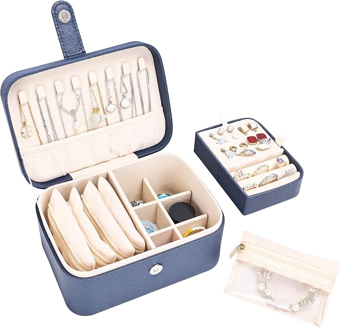 2 Layer Portable Jewelry Box, Large Jewelry Travel Case with 4 Velvet Jewelry Pouches, Medium Size Jewelry Organizer Box for Earrings, Necklaces, Bracelets (dark blue) by Unknown