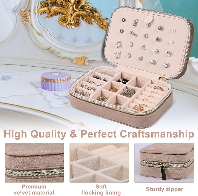 Dajasan Velvet Travel Jewelry Case, Mini Portable Travel Jewelry Organizer Boxes, Jewelry Gift Box for Birthday Mother's Day Valentine's Day Christmas (Khaki) - Image 4