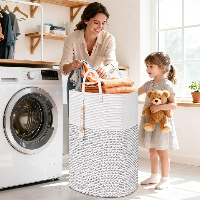 Woven Laundry Basket for Clothes, 100 L Large Rectangle Laundry Hampers with Beads Tassel, Nursery Storage Basket for Toys, Tall Dirty Clothes Hamper for Bedroom Aesthetic, Laundry Room Organization - Image 2