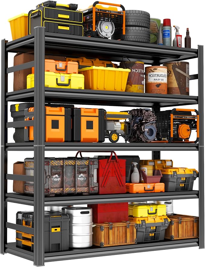 Storage Shelves, Garage Metal Shelving Unit, Adjustable, Double-Layer Column with Reinforced Ribs, Heavy-Duty, Capable of Bearing 600-3600 lbs (Black, 47''W*24''D*63''H, 5-Tier) by Beaunatixx
