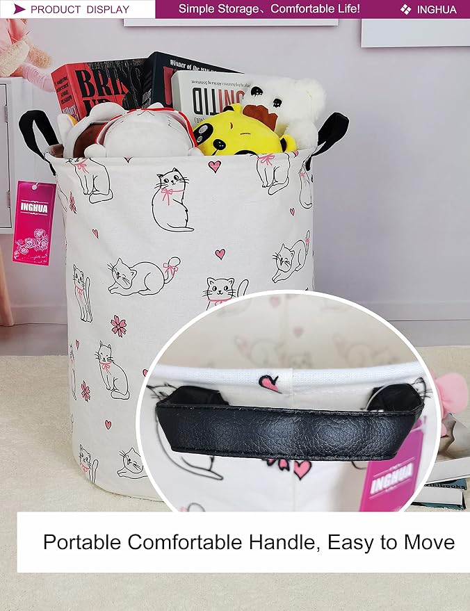 Laundry Hamper Large Canvas Fabric Lightweight Storage Basket/Toy Organizer/Dirty Clothes Collapsible Waterproof for College Dorms, Boys and Girls Bedroom,Bathroom(Love cat) - Image 5