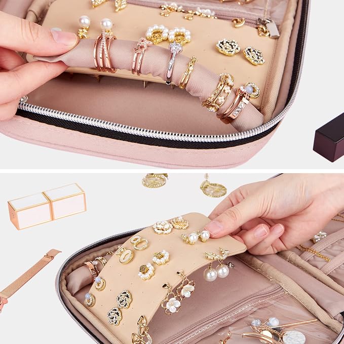 BELALIFE Travel Jewelry Organizer, Portable Storage Case for Earrings, Rings, Necklaces, Bracelets, Pink - Image 3
