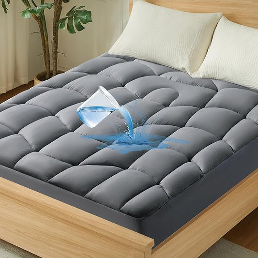 Unikome Full Mattress Pad Waterproof, Eco-Friendly Ergonomic Quilted Fitted Full Mattress Topper for Guest Room, Apartments, Noiseless and Machine Washable (Grey, 54x75)