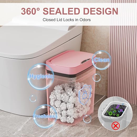 Vanpopubs 2 Pack 2.7 Gal Bathroom Trash Can with Lid, Automatic Trash Can Small Smart Garbage Can Touchless, Slim Motion Sensor Waterproof Plastic Trash Bins for Bedroom Office Kitchen Toilet Pink - Image 7