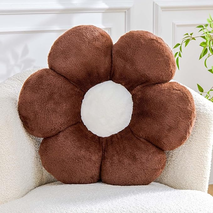 Kcvvcr Brown Flower Pillow Cute Decorative Flower Throw Pillow with Faux Rabbit Fur 19.6" Soft Daisy Plush Floor Cushion Aesthetic Room Decor for Bed Sofa Couch