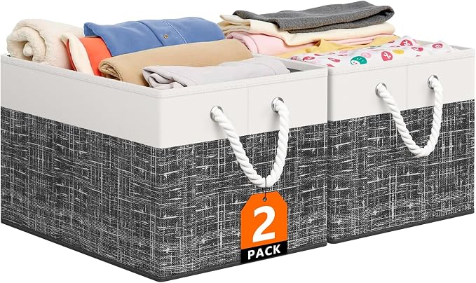 StorageTastic Storage Bin,Collapsible Storage Basket For Organizing,Large Storage Boxes With Rope Handles,Storage Containers,White & Black,2 Pack by StorageTastic