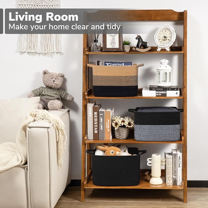 Goodpick Woven Storage Baskets for Organizing, Cotton Rope Organizer for Living Room, Closet Storage Bins for Toys Books, Rectangle Laundry Basket with Handles, 13"x10"x9", Black & Gray - Image 2