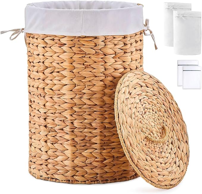 Round Water Hyacinth Laundry Hamper with Lid Handwoven Wicker Basket with Handles for Dirty Clothes, Storage, and Organization Ideal for Bedroom, Bathroom, and Laundry Room, No Assembly Required, 60L by LGENHOOMHandwovenNaturalWaterHyacinthBasket