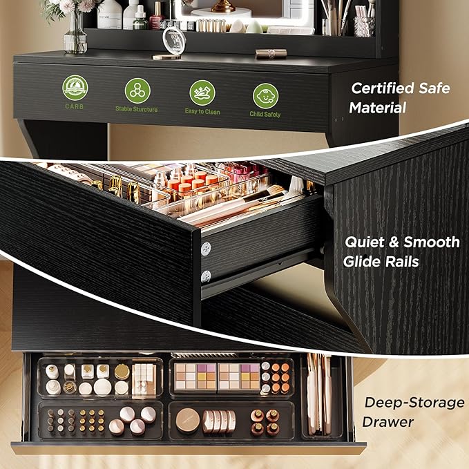 Small Vanity Desk with Mirror and Lights, Makeup Vanity with Storage Drawer, 2 Shelves and 3 Compartments - Black