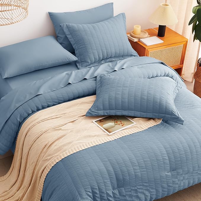 CozyLux Queen Comforter Set Grayish Blue Seersucker 7 Pieces Bed in a Bag Queen Comforter Set with Sheets, Dusty Blue Luxury Bedding Sets with Down Alternative Comforter, Sheets, Pillowcases & Shams