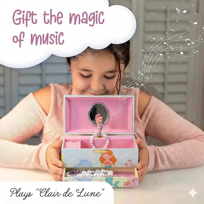 The Memory Building Co Mermaid Musical Jewelry Box Plays Classic Melody, Storage Organizer Music Box for Kids Ages 6-12, MDF Wood w/ 2 Fabric Lined Ring Bracelet Necklace Treasure Compartments - Image 3