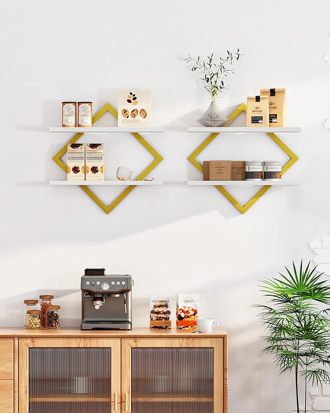 CHOEZON Floating Shelves for Wall, Set of 2 Wall Mounted Shelves, 2-Tier Hanging Shelves, for Living Room, Bedroom, Kitchen, Office, Study, Gold and White TBJ01P2JW - Image 6