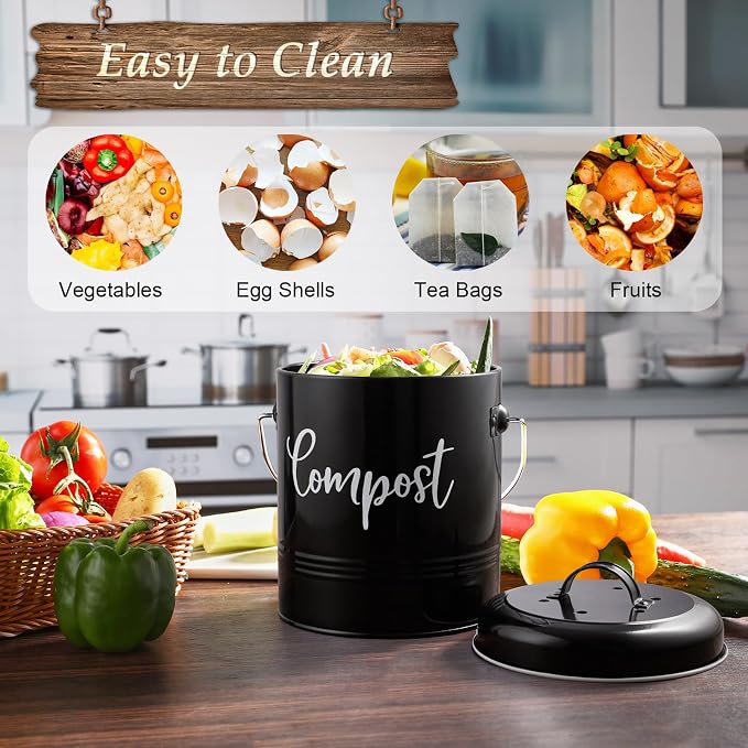 DAYYET Compost Bin Kitchen, 1.3 Gallon Farmhouse Kitchen Compost Bin Countertop, Indoor Countertop Compost Bucket with Lid and Charcoal Filters, Black - Image 4