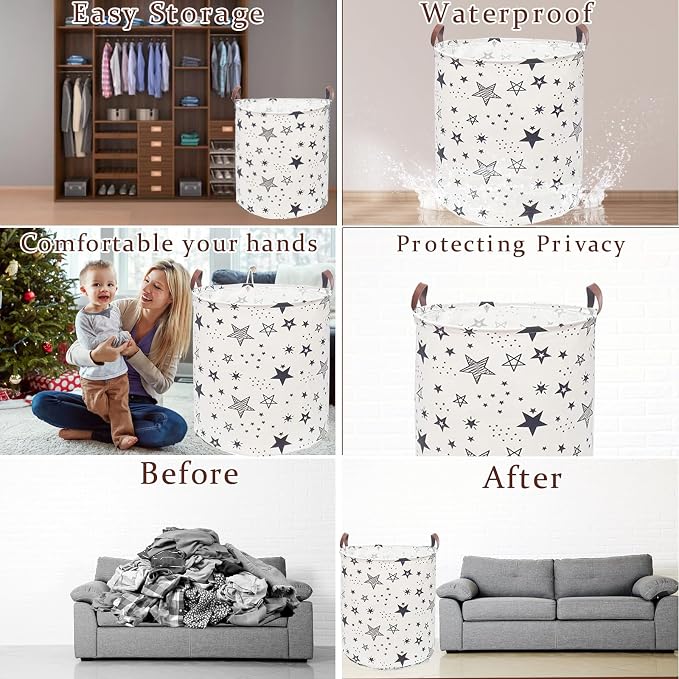 Waterproof Laundry Hamper Collapsible Laundry Basket Leather Handle Laundry Bag Large Clothes Storage Toy Organization for Bathroom Bedroom Laundryroom College Dorms (Caisanjiao-001) - Image 3