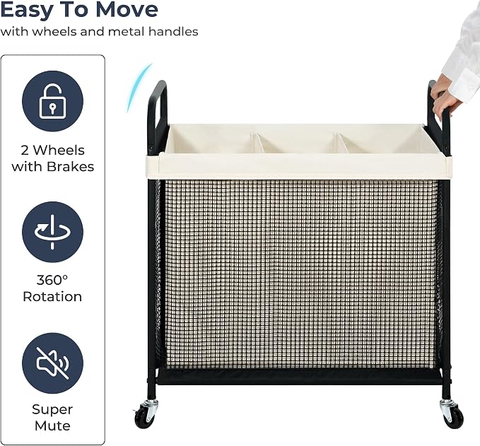STO STO Laundry Hamper 3 Section, 120L Rolling Laundry Sorter Cart with Removable and Washable Liner Bag, Clothes Hamper with Wheels and Metal Handle for Laundry Room and Bedroom - Image 7