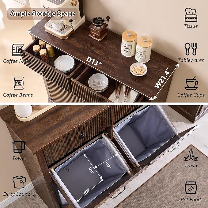 IFBUY Modern Double Tilt-Out Laundry Hamper Cabinet, 20 Gallon Fluted Trash Can Cabinet w/2 Drawers, Wooden Hidden Garbage Can Cabinets w/Laundry Basket, Free Standing for Bathroom and Kitchen, Brown - Image 3