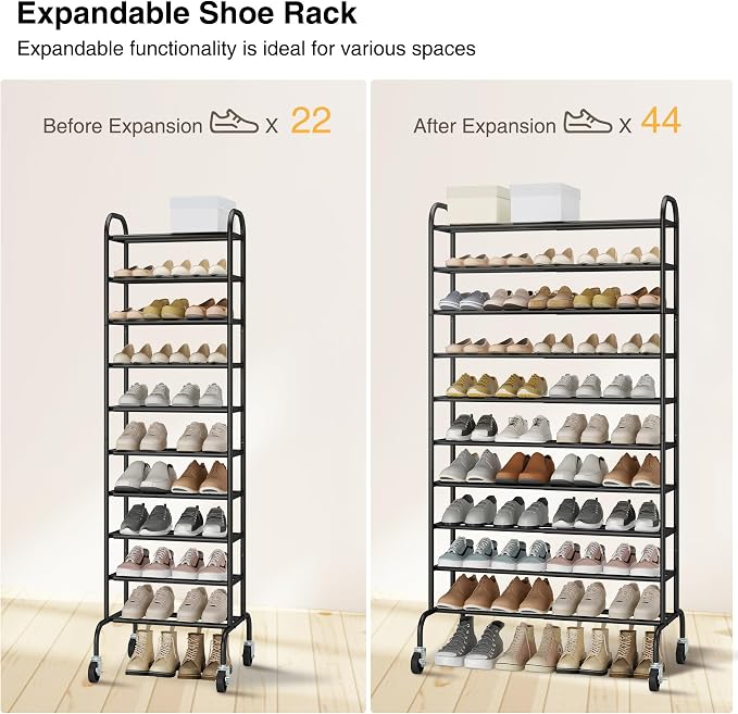 STO STO Expandable Shoe Rack, 10-Tier Metal Tall Shoe Rack for Garage, Up to 44 Pairs Adjustable Shoe Rack Storage for Front Door Entrance, Free Standing Shoe Rack Organizer for Entryway, Black - Image 4