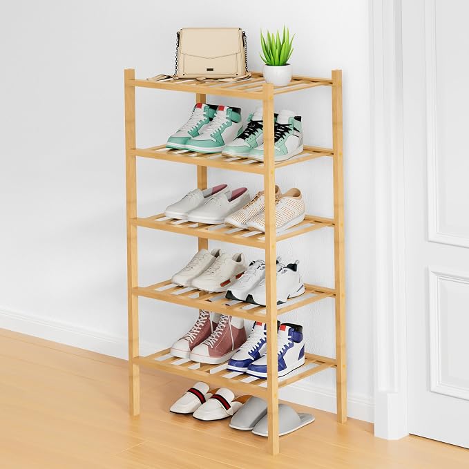 Smiry Shoe Rack, 5 Tier Small Bamboo Shoe Organizer, Stackable Free Standing Wooden Shoe Storage Shelf for Closet, Entryway, Front Door Entrance, Natural by Smiry