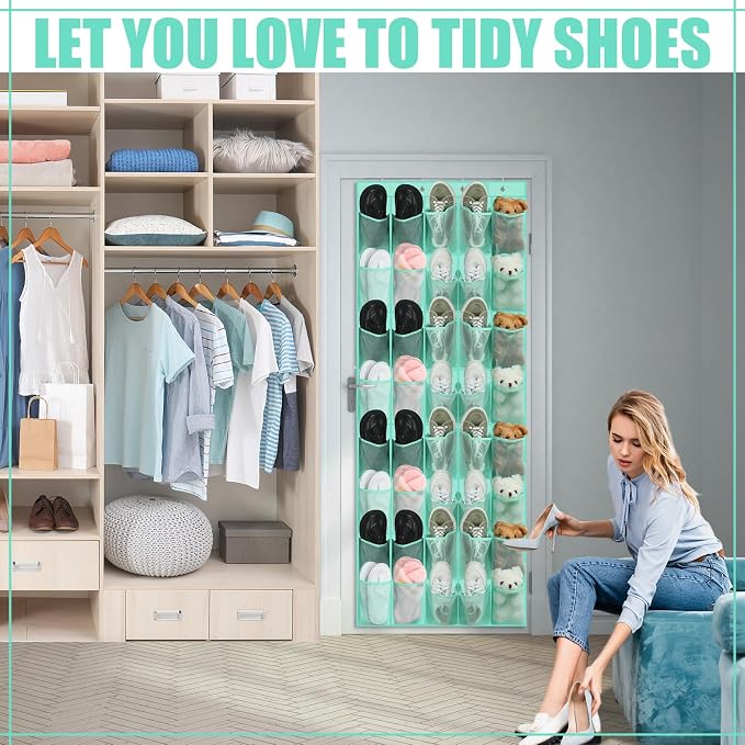 Windyun 40 over the Door Shoe Organizer Large Mesh Pocket Hanging Shoe Rack for Closet Turquoise Nonslip Behind Door Storage Holder Back to School Organizer for Dorm Room College Classroom Storage - Image 5