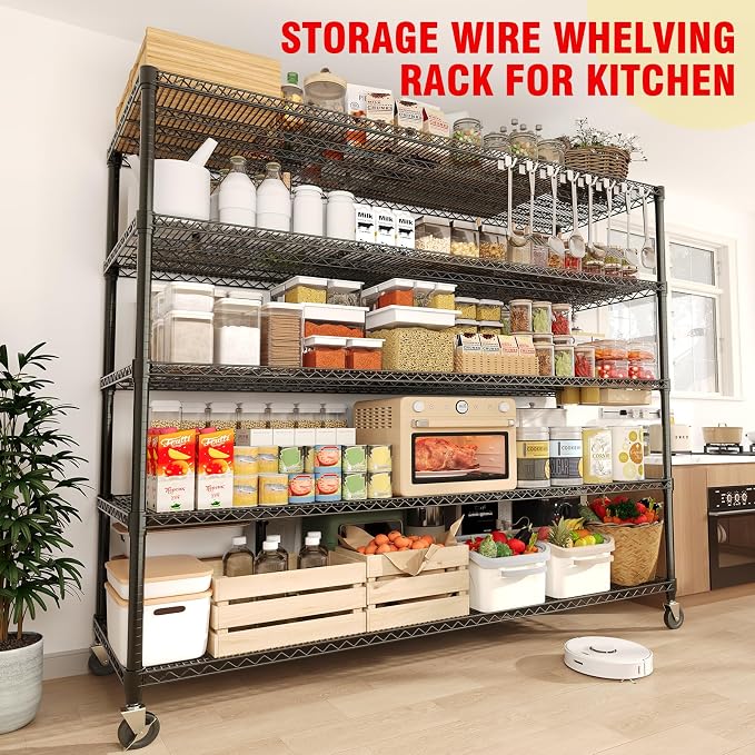 Garvee 5-Tier Metal Shelving with Wheels, Heavy Duty Rolling Storage Shelves 3300LBS Loads, Adjustable Wire Rack Shelving Unit for Garage Kitchen Pantry Commerial, 82" H x 59" W x 23.6" D, Black ﻿ ﻿ - Image 6