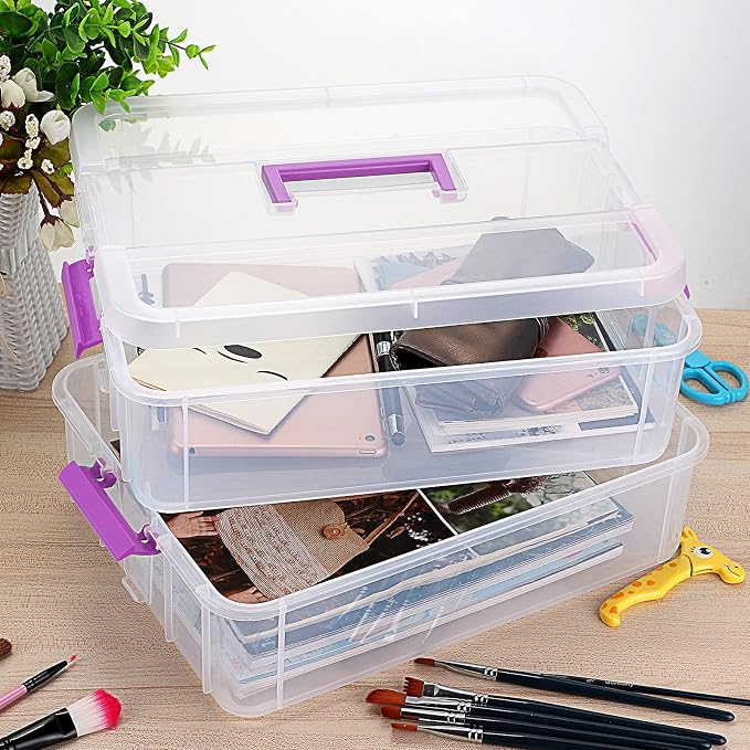 JUXYES 2-Tiers Stack Carry Storage Box With Handle, Transparent Stackable Storage Bin With Handle Lid Latching Storage Container for School & Office Supplies - Image 6