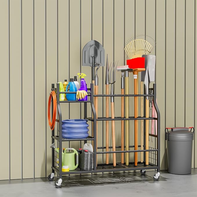 Garden Tool Organizer with Wheels for Garage and Shed, Spacious Tool Storage, Multi-Tier Design with Side Hooks for Rakes, Shovels, Brooms, and Yard Tools Rolling Cart - Image 2