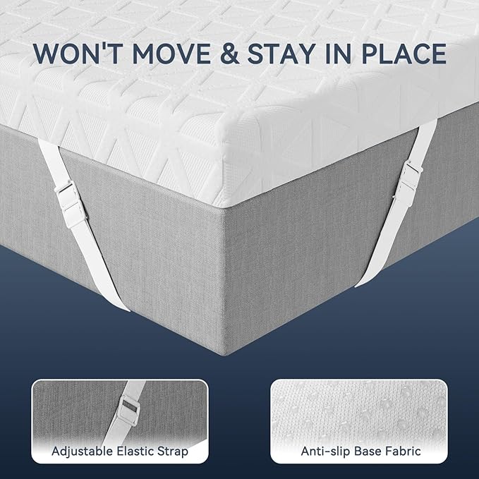 ELEMUSE 3 Inch Gel Memory Foam Mattress Topper California King - Cooling Ice Silk Removable & Washable Cover, Mattress Topper for Back Pain Relief, Adjustable Strap & Non-Slip, CertiPUR-US Certified