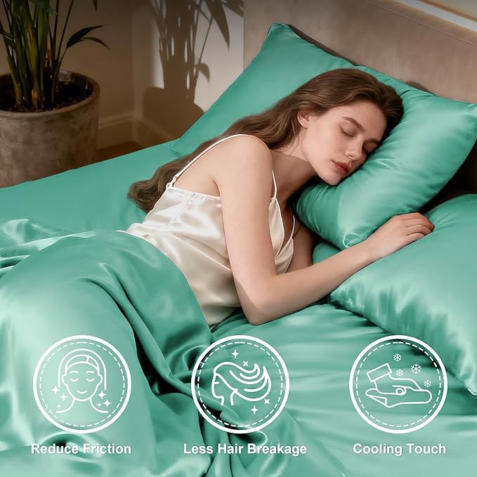 Love's cabin Satin Queen Sheets Set - 4 Piece Aqua Silky Bed Sheets with Deep Pocket, Luxury Silk Feel Satin Queen Size Sheet Set (1 Flat Sheet,1 Fitted Sheet,2 Pillow Cases)
