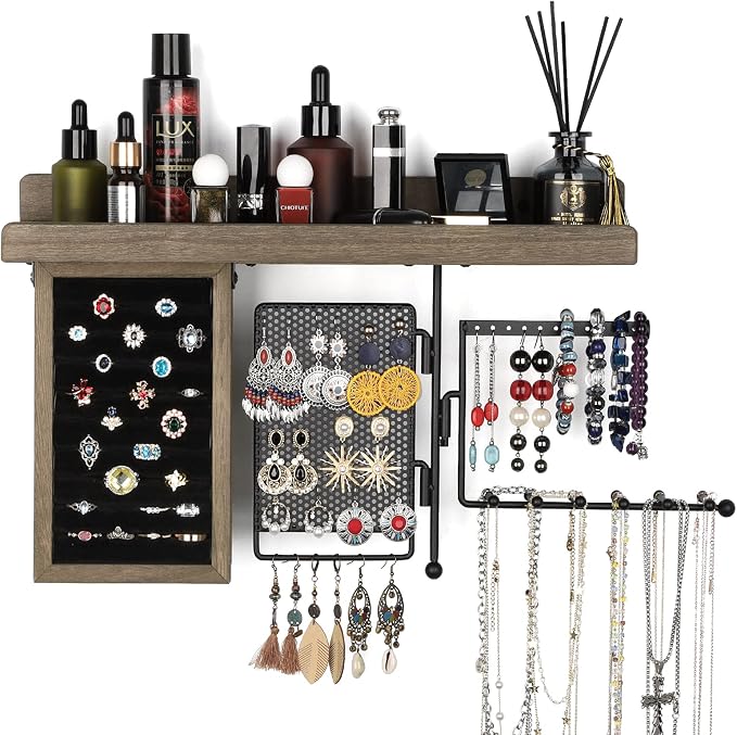 SOLIMINTR Hanging Jewelry Organizer Wall Mount Holder with Rustic Wood Shelf, Ring Display Box, Ear Studs Earring Holder, Rotating Necklace for Gothic Goth Accessories by SOLIMINTR