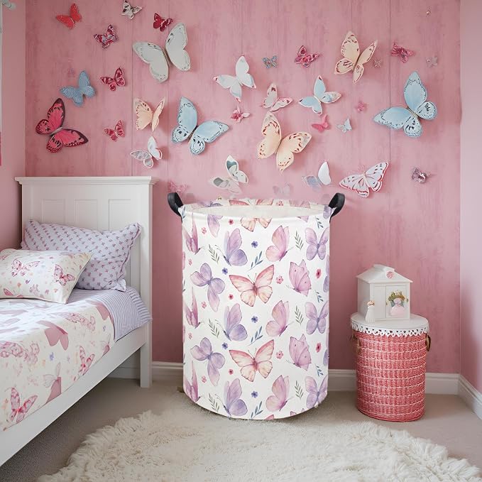 HIYAGON Butterfly Baby Laundry Basket Baby Hamper for Nursery Girl Kids Butterfly Hamper Cute Kids Toys Storage Bin Organizer Butterfly Room Decor for Home(Watercolor Butterfly) - Image 4