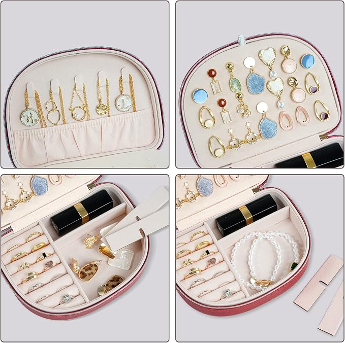 ProCase Travel Size Jewelry Box, Medium Portable Seashell-Shaped Jewelry Case, 2 Layer Jewelry Organizer in PU Leather for Women -Red - Image 3