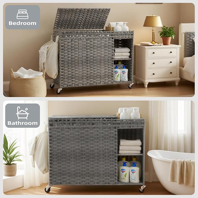 Laundry Hamper with Lid, 160L Rattan Wicker Laundry Basket with Wheels, Handwoven Laundry Hamper 3-Section with Storage shelf(42.3 Gal), Laundry Sorter Basket with Removable Liner, GreyHLH033G - Image 4