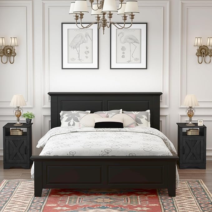 RoyalCraft 25" Tall Nightstands Set of 2, Farmhouse Nightstand with Charging Station, Large Wood End Table with Storage, Black Bedside Table for Bedroom