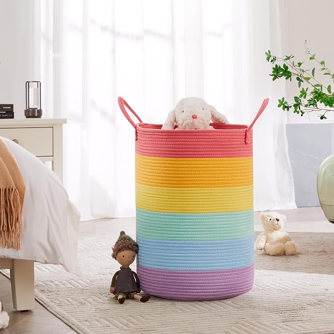 80L Extra Large Rainbow Laundry Hamper Basket for Girls Kids Tall Unicorn Baby Nursery Hamper for Clothes Woven Rope Blanket Toy Basket in Living Room Playroom Bedroom 16"D x 22"H - Image 4