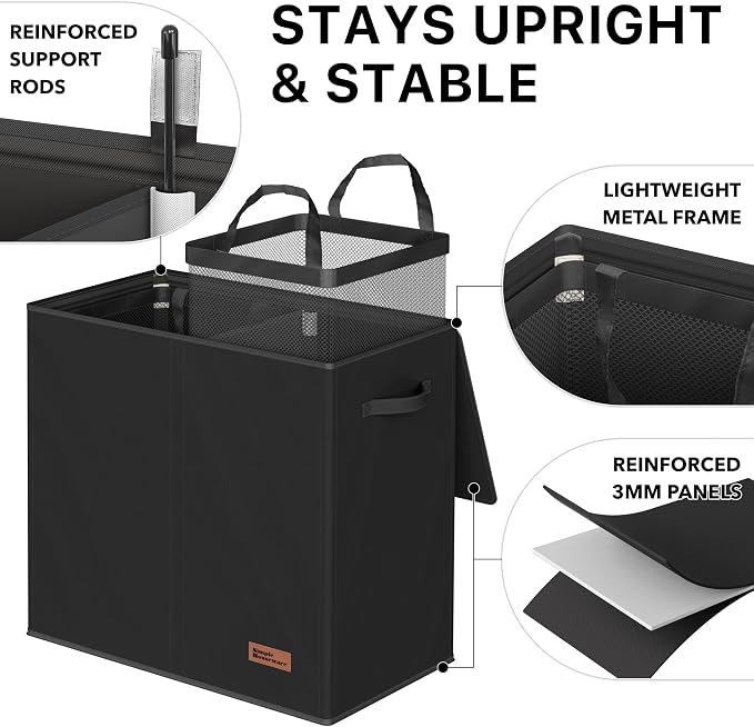 Simple Houseware Double Laundry Hamper with Lid and Removable Bags, Black - Image 3