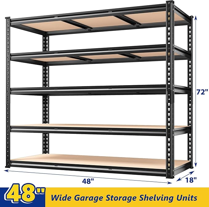 REIBII 48" W Garage Shelving Heavy Duty, 3000LBS Storage Shelves, 5-Tier Adjustable Metal Shelving, Garage Shelves Sturdy Industrial Shelf, Easy Assemble, 72" H x 48" W x 18" D - Image 2